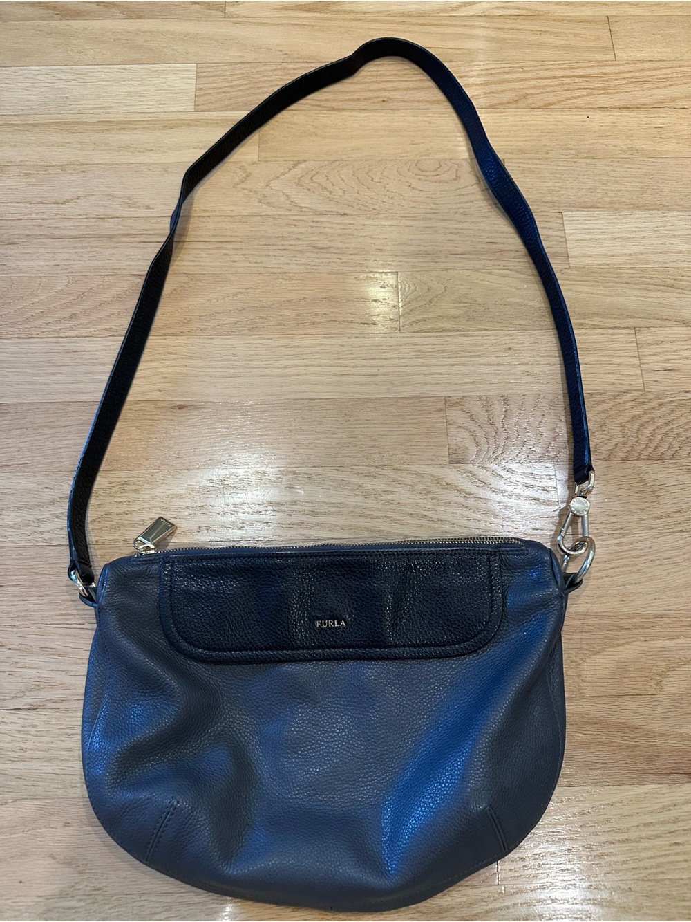Furla Gray Pebbled Leather Shoulder Bag with Gold Hardware